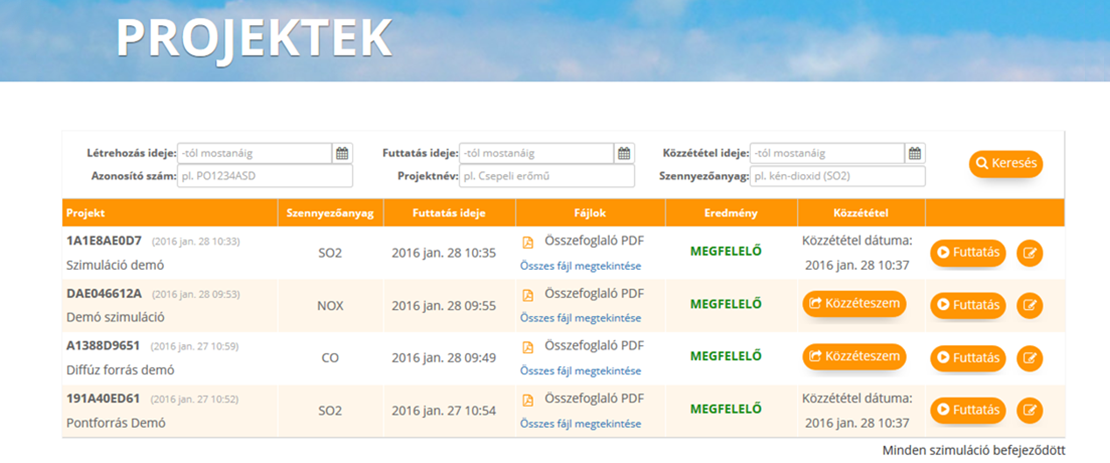 projektek lista kozzetetel